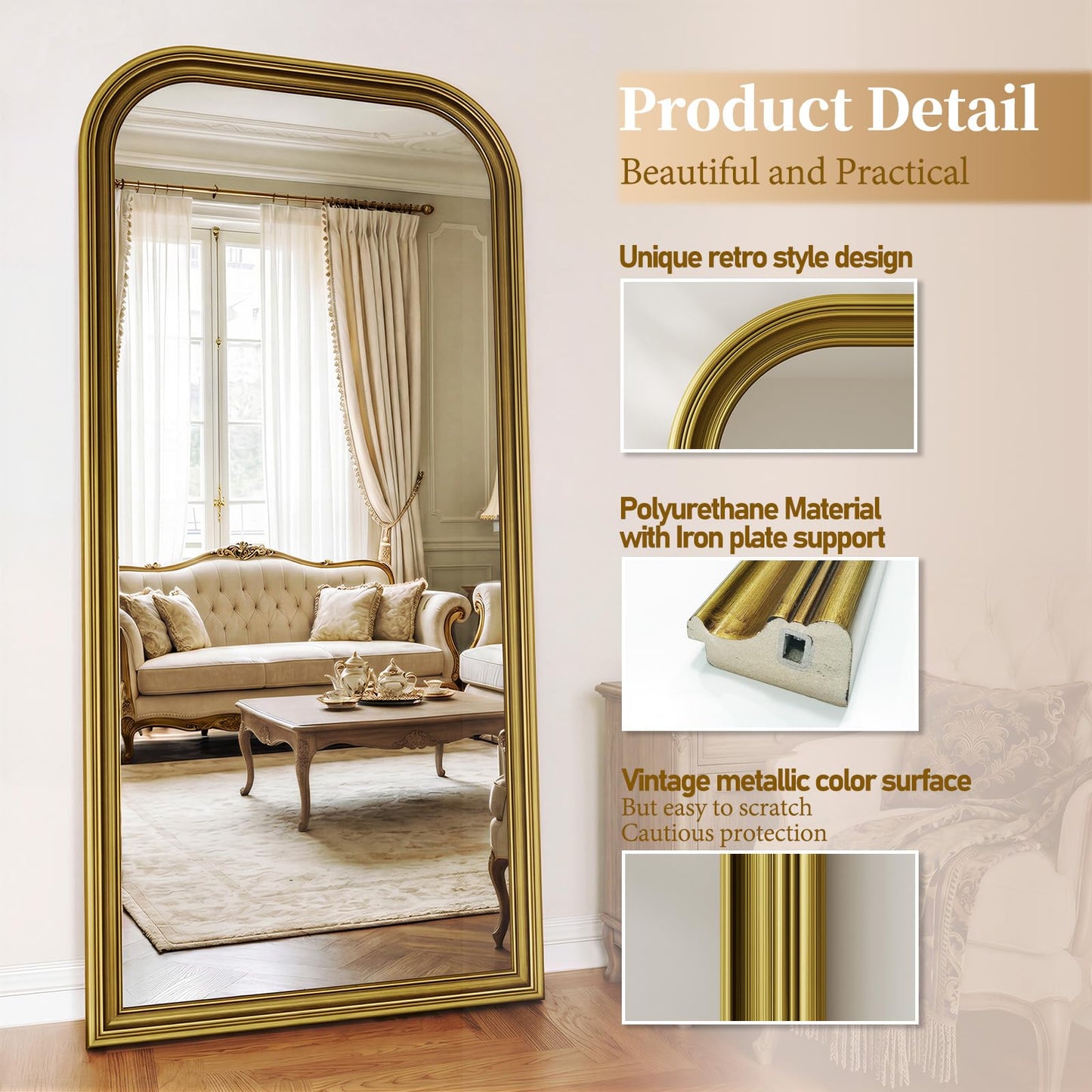 FlyEcho Full Length Mirror with Stand, 71"x32" Full Body Mirror, Floor Length Mirrors Wall Mounted with Rounded Top, Large Standing Mirrors, PU Frame, for Bedroom Living Room Cloakroom, Antique Gold