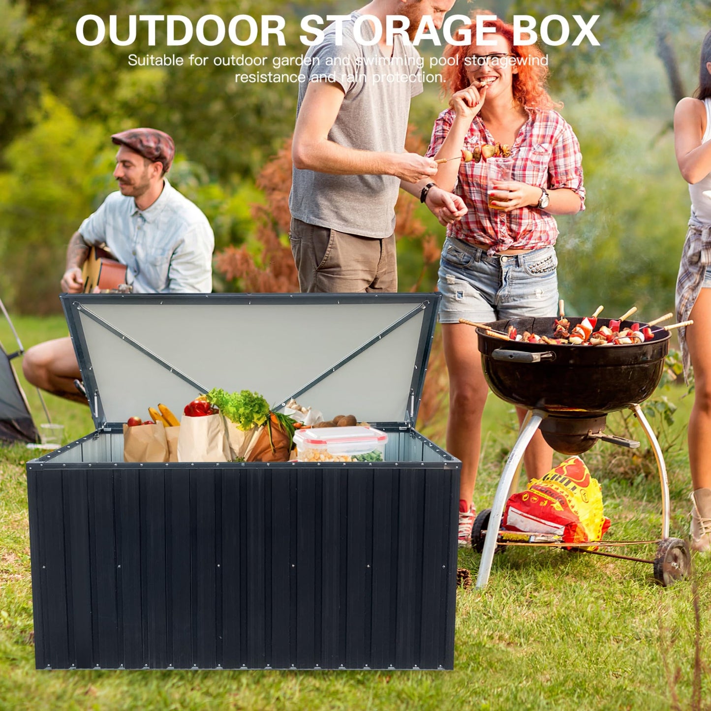 215 Gallon Outdoor Storage Box, Metal Deck Box with Waterproof UV-Resistant and Hydraulic Rod Design for Poolside, Patio, Backyard (Medium)