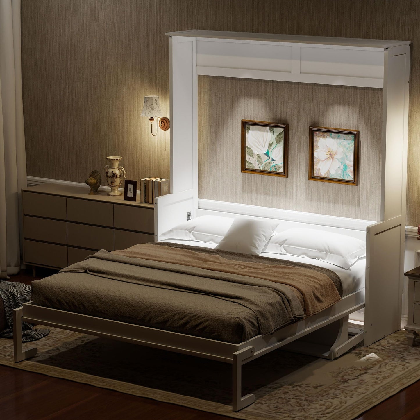 Ball & Cast Queen Size Murphy Bed with Desk,Hideaway Beds w/LED Lights and USB Charging Station,Wood Wall Cabinets Bedframe,Slat Support,Dual Piston Metal Folding Mechanism Designed,White