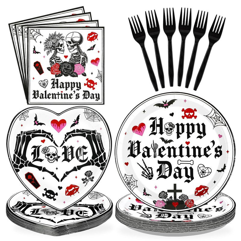 Greencian 96Pcs Valentine's Day Party Supplies Romantic Gothic Heart Love Plates and Napkins Happy Valentine Day Tableware Set for Gothic Valentines Day Wedding Anniversary Party Supplies Serves 24