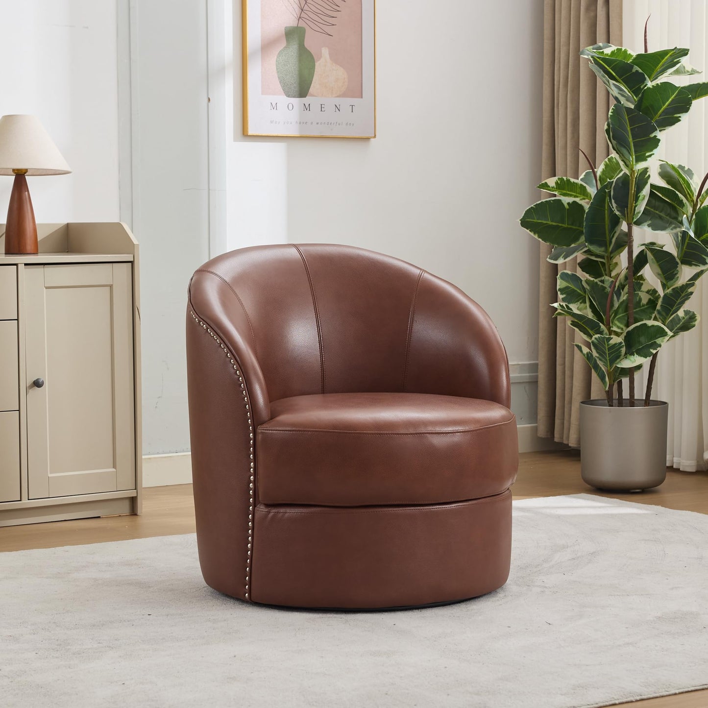 GDFStudio Hayezf Top-Grain Leather Swivel Chair, 360° Swivel Accent Chair with Chesterfield Studs, Mid-Century Modern Lounge Seating for Living Room & Office, No Assembly Required, Brown