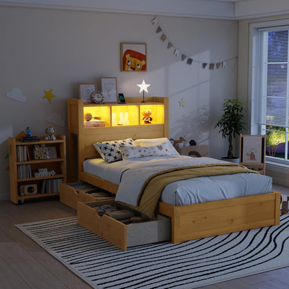 KEIKI Twin Size Wood Platform Bed Frame with Storage Headboard & Pull Out Storage Cabinet & 2 Drawers, Modern Bed with Solid Slats & Socket, No Box Spring Required, Easy Assembly, for Bedroom, Natural