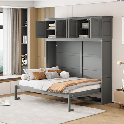 YOPTO Full Size Murphy Bed Cabinet,Folding Wall Bed Frame with Top Storage Lockers,Hidden Platform Bed Chest W/Wood Slats Support,Space-Saving,Easy Assembly,for Bedroom,Guest Room,Home,Office,Gray