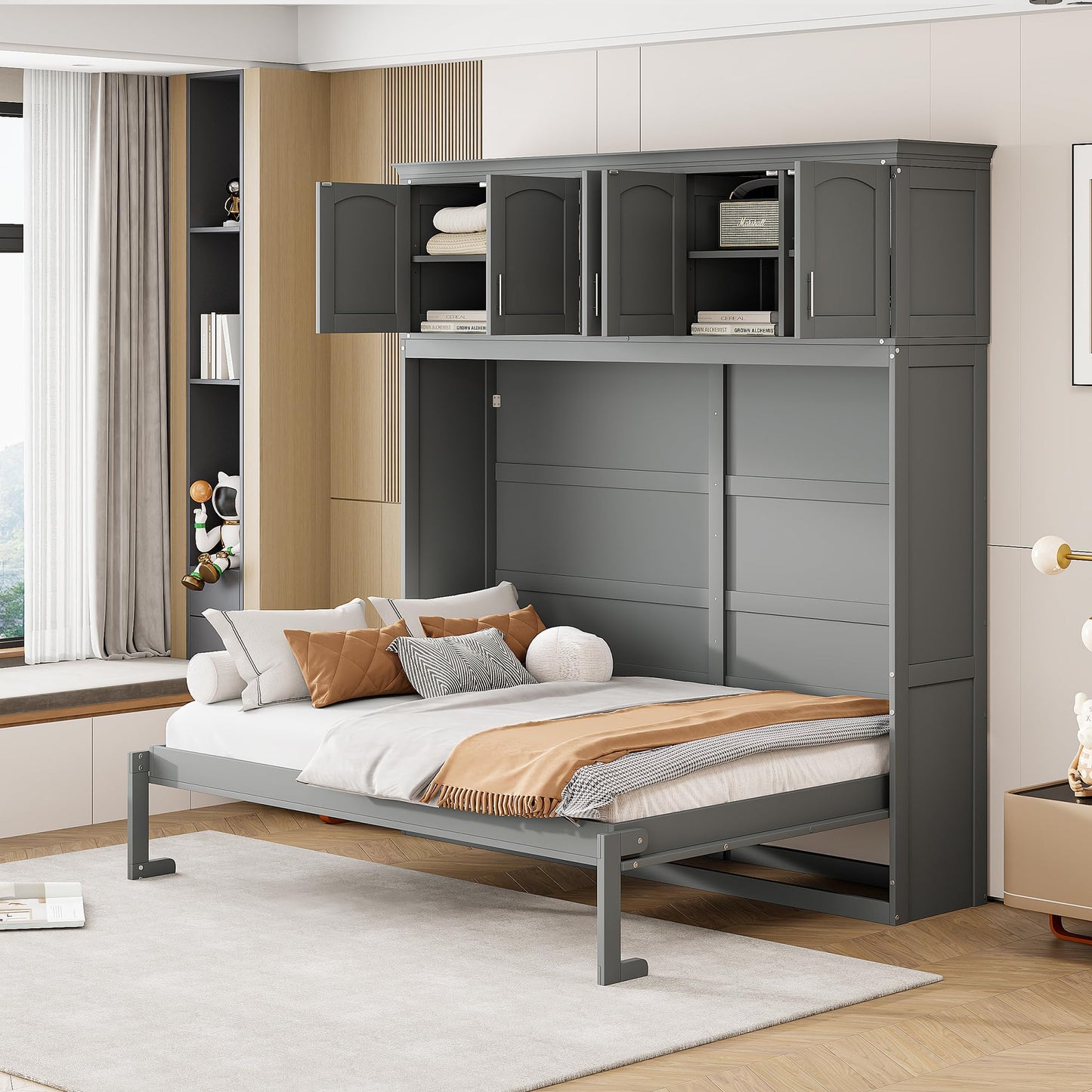 Favfurish Full Size Murphy Bed Wall Bed with Top Cabinets,Hidden Platform Bed Chest W/Wood Slats Support,Space-Saving,Easy Assembly,for Bedroom,Guest Room,Home,Office,Gray