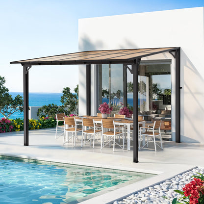 Pamapic 10x10FT Wall Mounted Gazebo, Hardtop Lean to Gazebo with Aluminum Frame & UV Resistant Polycarbonate Roof, Outdoor Patio Awning for Deck, Porch, Lawn & Backyard