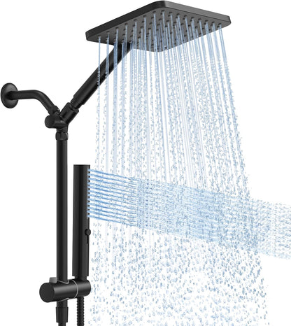 Skiennix High Pressure Rain Shower Head - 10 Inch Square Rainfall Shower System with Handheld Combo, Matte Black