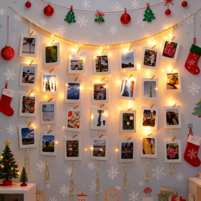 HOZII@FAB Macrame Hanging Photo Display Kit with 30 Cardstock Photo Frames & 5M Timer String Lights - Room Decor for Bedroom/Living Room/Dining Room - Ideal Gifts for Teen Girls & Craft Enthusiasts (Christmas/Birthday/Daily Surprise)