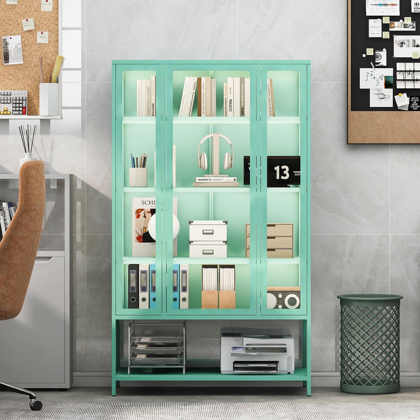 Merax 67" Tall Glass Display Cabinet with Adjustable Shelves and LED Lights, for Collectibles, Modern Steel Storage Curio Cabinet with 3-Sided Glass Display Case for Home Office Study Room, Cyan