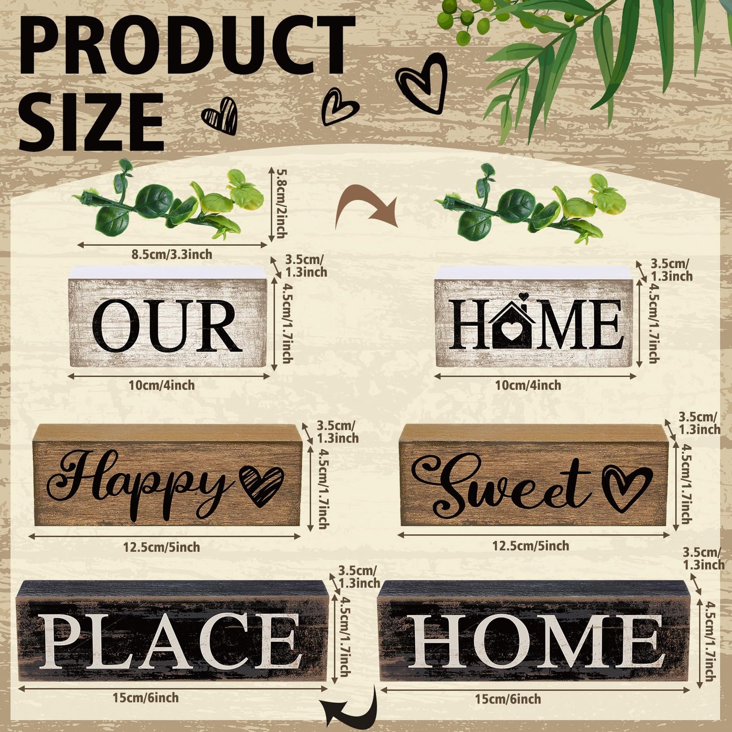 Briwooody 4 Pcs Farmhouse Wooden Table Decor Reversible Sweet Home Tiered Tray Decor Rustic Eucalyptus Leaves Wood Block Sign Gifts for Home Table Kitchen Shelf Decoration