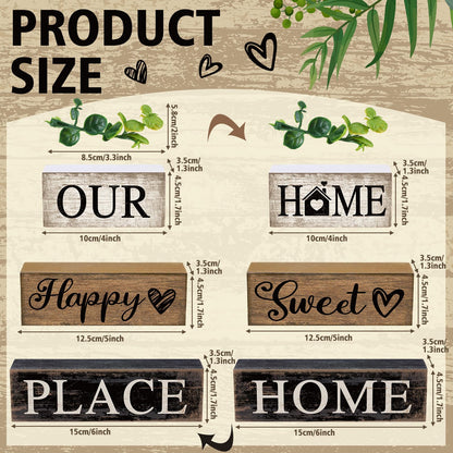 Briwooody 4 Pcs Farmhouse Wooden Table Decor Reversible Sweet Home Tiered Tray Decor Rustic Eucalyptus Leaves Wood Block Sign Gifts for Home Table Kitchen Shelf Decoration
