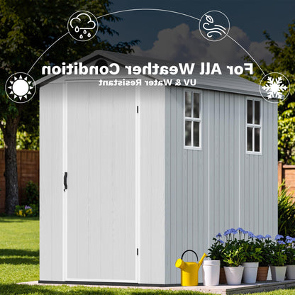 Devoko 4×8 FT Resin Storage Shed with Floor, Garden Plastic Outdoor Shed with Window and Lockable Door, Waterproof Outside Tool shed for Backyard Patio, Light Grey