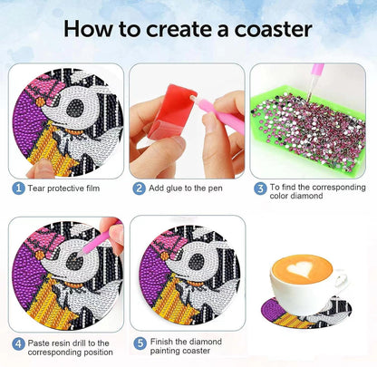 6 Pcs 5D DIY Diamond Art Painting Christmas Cartoons Coasters with Holder,DIY Coaster Diamond Art Kits for Adults Beginners, Round Full Drill Diamond Art Craft Supplies QLBD-06