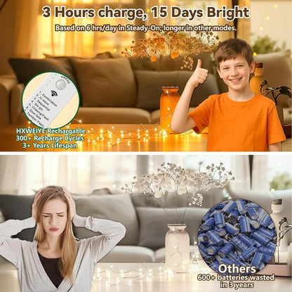 HXWEIYE Rechargeable Fairy Lights - 16FT 50LED Twinkle String Lights | 8 Modes & DIY Timer for Indoor Decor