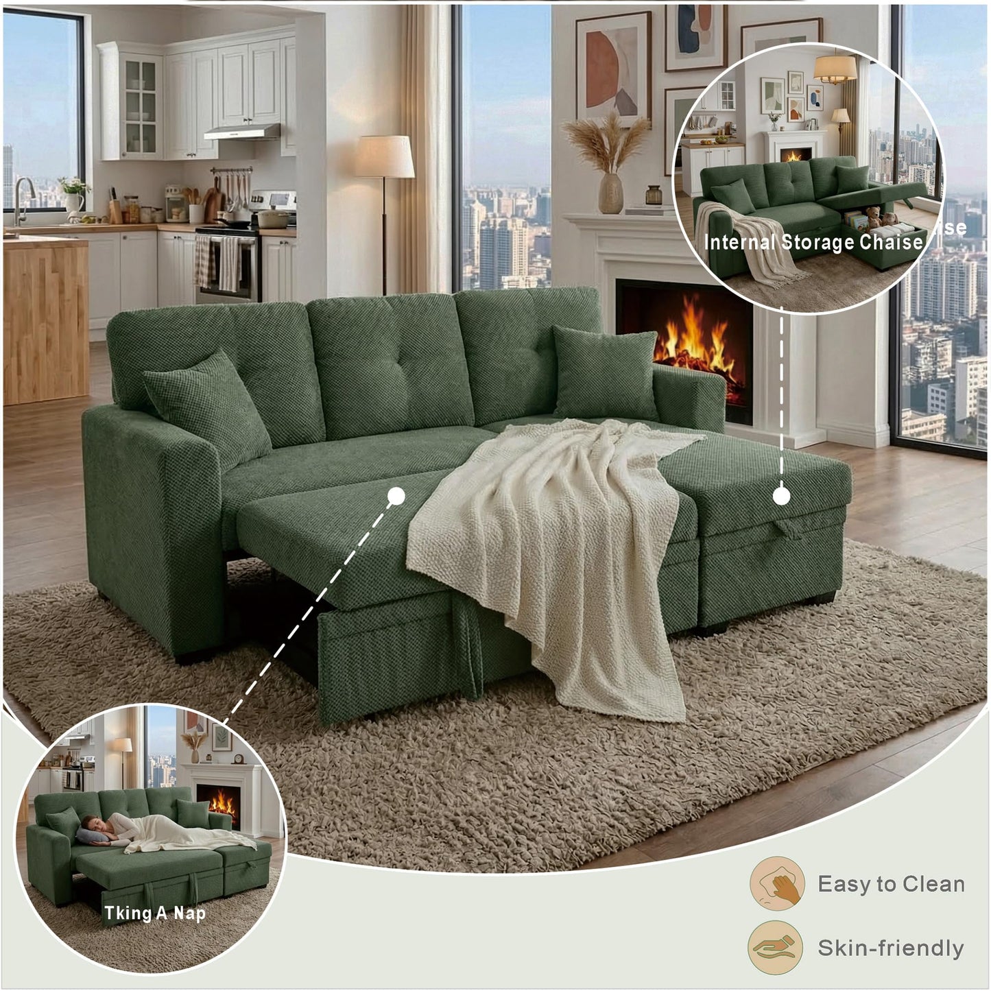 Eafurn 71" L Shaped Sectional Sleeper Sofa Bed with Pull Out Bed, Comfy Fabric Corner Sleeper Sectional Pull Out Couch with Tufted Backrest/Reversible Storage Chaise/2 Pillows