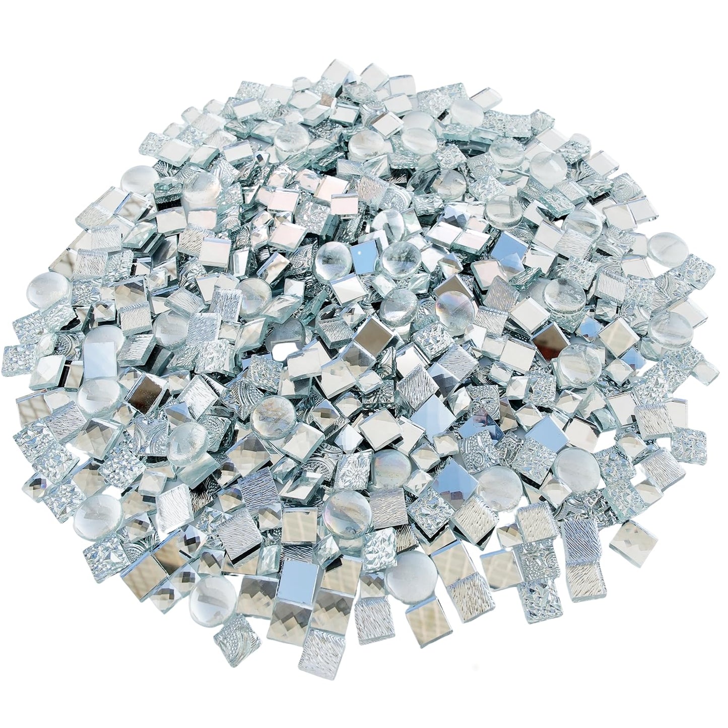 CHICSHIS 1000g Real Mirror Glass Mosaic Tiles for DIY, Silver Textured Square Tiles (15mm) with Iridescent Glass Gems, Mixed Shapes Stained Glass Set for Mosaic Art & Home Décor Projects