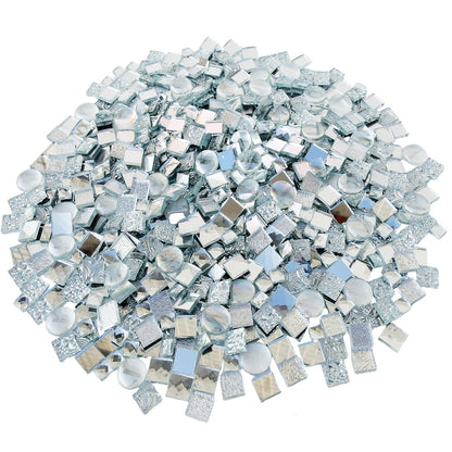 CHICSHIS 1000g Real Mirror Glass Mosaic Tiles for DIY, Silver Textured Square Tiles (15mm) with Iridescent Glass Gems, Mixed Shapes Stained Glass Set for Mosaic Art & Home Décor Projects