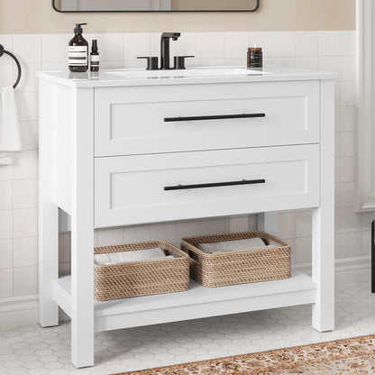 LIKIMIO 36" Bathroom Vanity with Sink, Freestanding Bathroom Vanity with 2 U-Shaped Drawers & Open Shelf, Integrated Ceramic Sink, Modern Bathroom Storage Cabinet, Easy Assembly, White