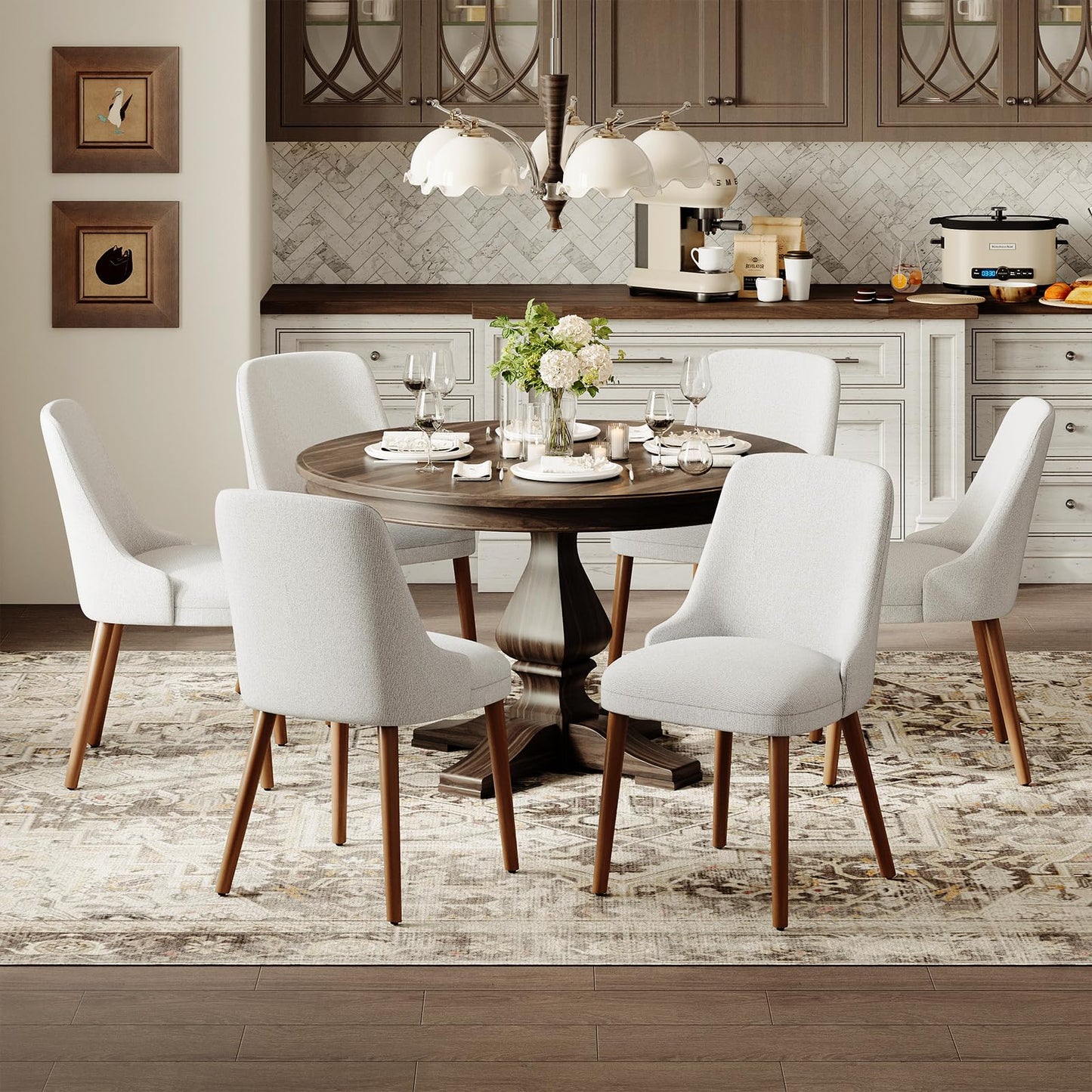 MALOL Upholstered Dining Chairs Set of 6, High-Back Dining Room Chair with Wood Legs, Padded Kitchen Chairs for Dining Room/Restaurant/Cafe, Light Grey