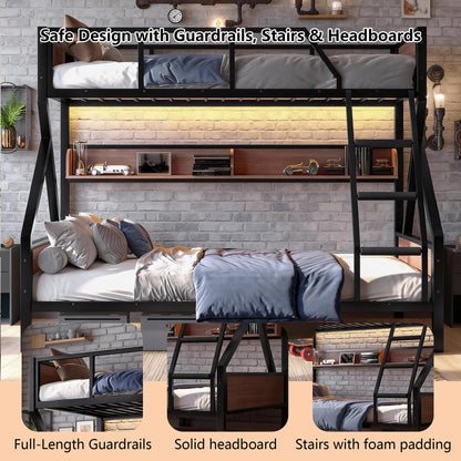 Bellemave Twin XL Over Queen Bunk Bed with Shelves, Metal Bunk Beds with Ladders and Lights, Heavy-Duty Bunkbed for Bedrooms, Guest Rooms and Dorms, No Box Spring Needed and Noise-Free Design, Black