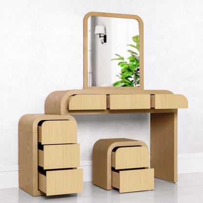 ZETY HOME Fluted Makeup Vanity Desk with Mirror, Stool, 8 Drawers, 3 Shelves, Ash Veneer, Modern Style