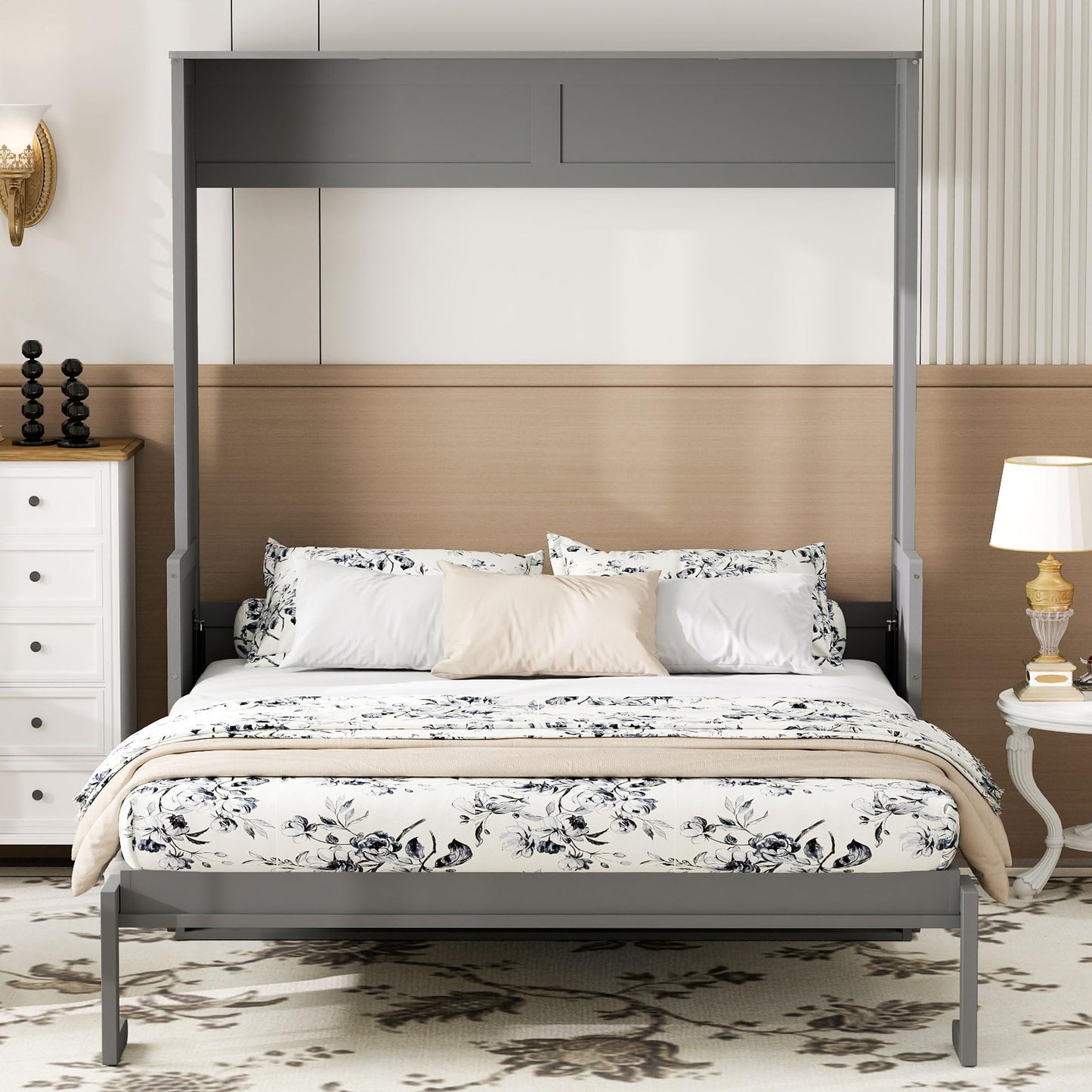Ball & Cast Queen Size Murphy Bed with Desk,Hideaway Beds w/LED Lights and USB Charging Station,Wood Wall Cabinets Bedframe,Slat Support,Dual Piston Metal Folding Mechanism Designed,Gray