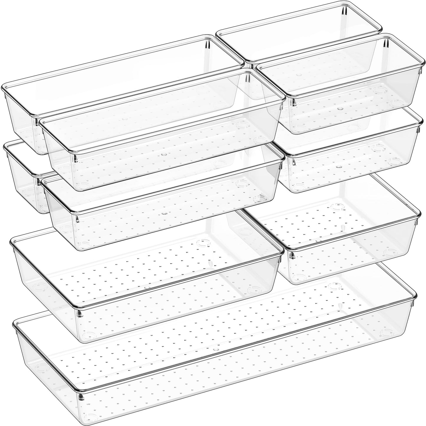 Criusia Drawer Organizer, 10 Pack Large Clear Plast Set, 3 Size Versatile Bathroom and Vanity Organizer Trays, Storage Bins for Makeup, Bedroom, Kitchen Utensils