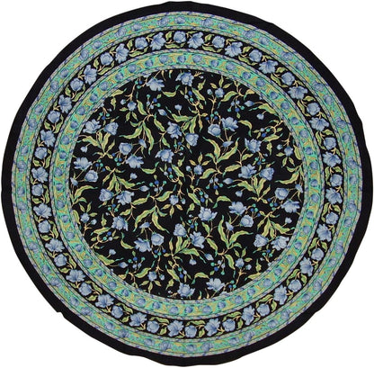 India Arts French Floral Round Cotton Tablecloth, 70" Blue on Black