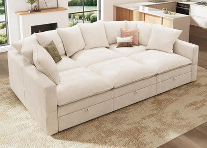 HONBAY Modular Sectional Sleeper Sofa, Corduroy 6 Seater Couch with Storage, Sectional Sleeper Couches for Living Room, Beige