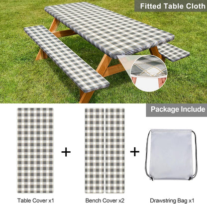 Picnic Table Cover - Waterproof & Windproof with Bench Covers | Fitted Rectangle 72in, Gray White