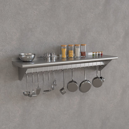 Krollen Industrial 15" x 60" Stainless Steel Wall Mounted Pot Rack with Shelf and 18 Galvanized Hooks