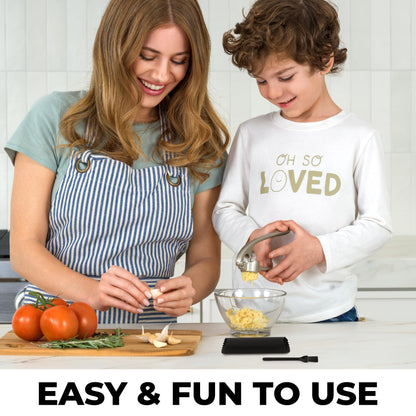 Zulay Kitchen Premium Garlic Press Set - Rust Proof Professional Garlic Mincer Tool - Easy-Squeeze, Easy-Clean with Soft, Ergonomic Handle - Silicone Garlic Peeler & Brush (Silver)