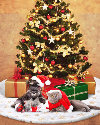 COOLWUFAN 60 Inches Faux Fur Christmas Tree Skirt for Xmas Tree Holiday Party Decoration White Plush Gold Sequin Snowflake (Gold)