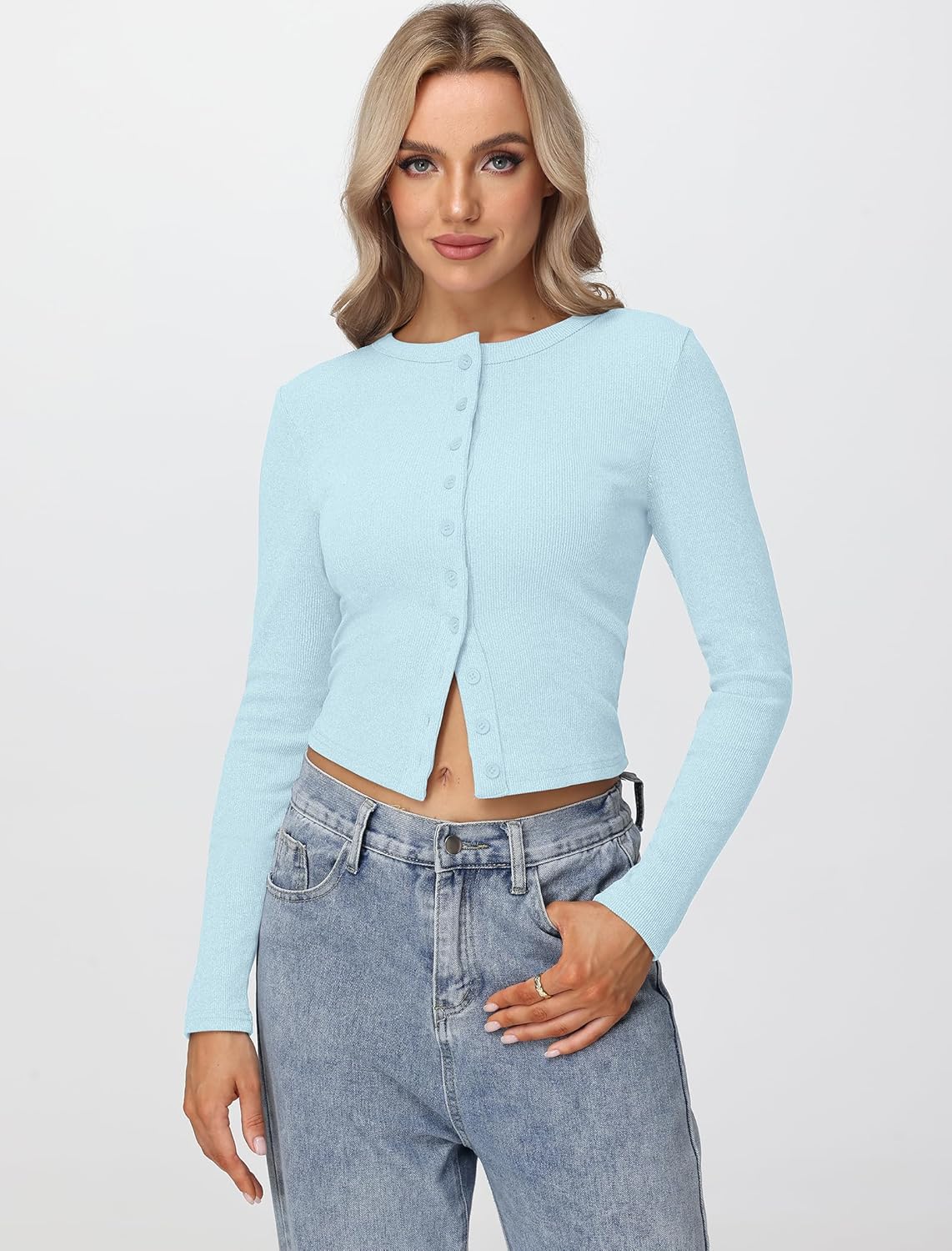 Womens Long Sleeve Tops Fall Lightweight Cardigan Cropped Going Out Shirts Ribbed Button Down Cute Trendy 2025