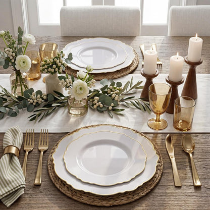 WDF 100pcs Gold Plastic Plates - High-end Baroque Design - Heavy Duty White &Gold Wedding Plates Set Ideal for Party/Wedding/Birthday