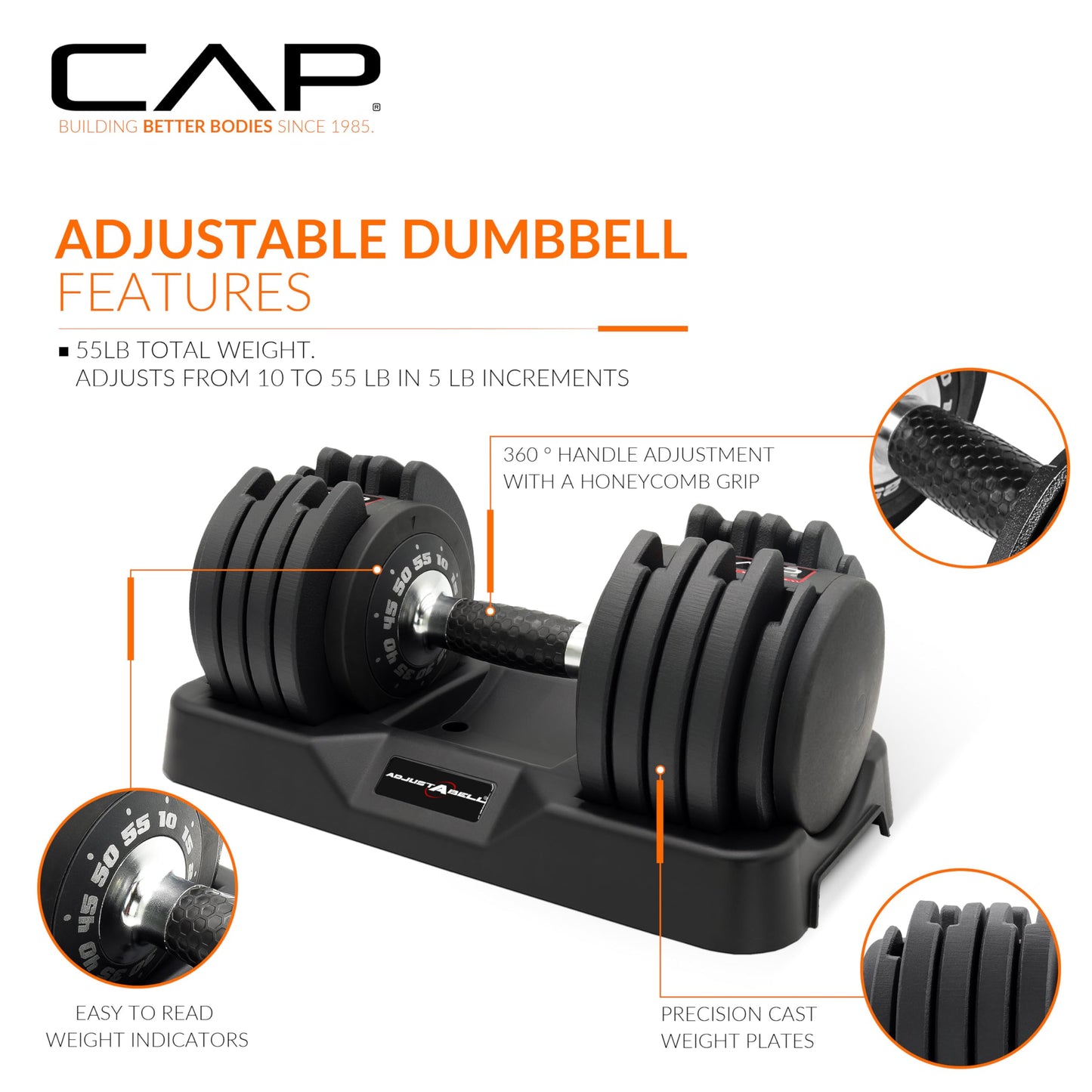 CAP ADJUSTABELL® 55 lb Pair of Adjustable Dumbbells with Contoured Full Rotation Handle, Honeycomb Chrome and Black Handle