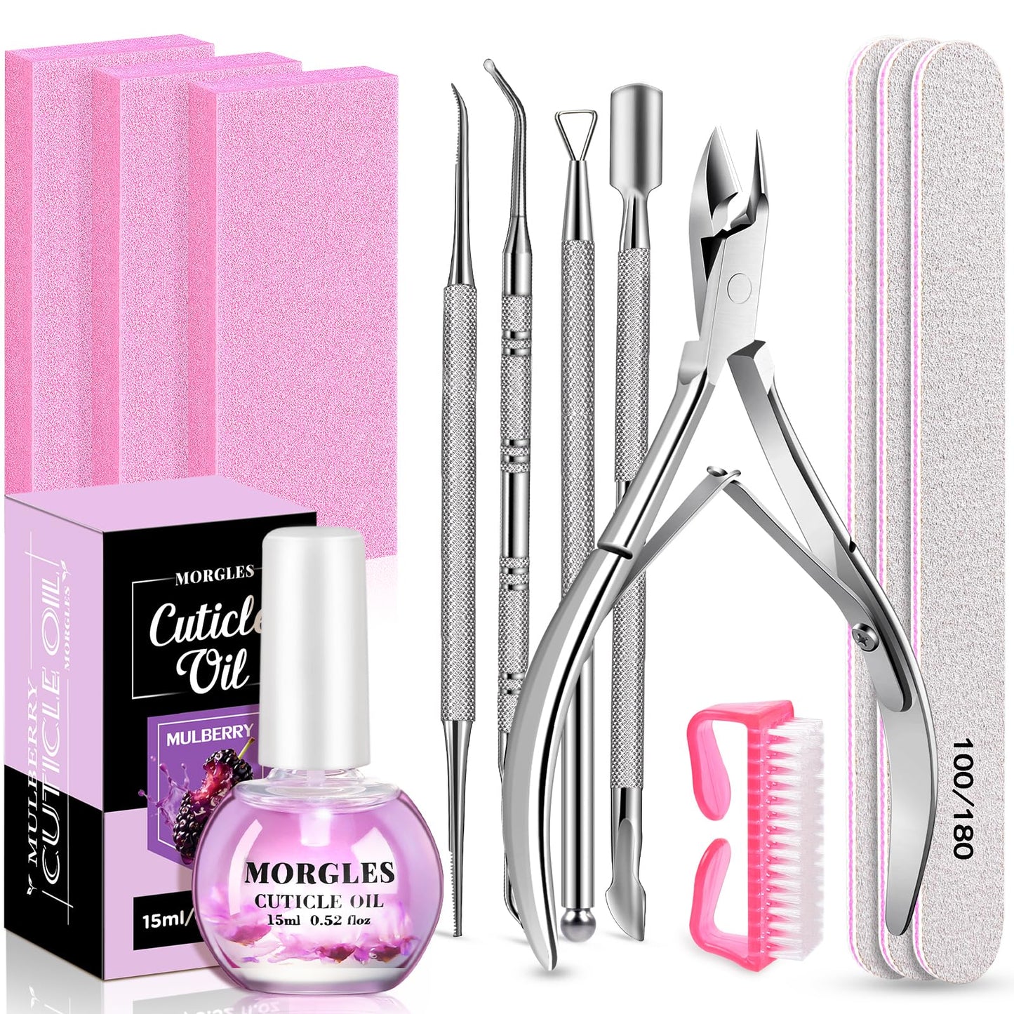 MORGLES Nail File and Buffer Blocks with Nail Care Kit, 13 Pcs Manicure Kit for Women with Milk and Honey Cuticle Oil and Cuticle Trimmer Set