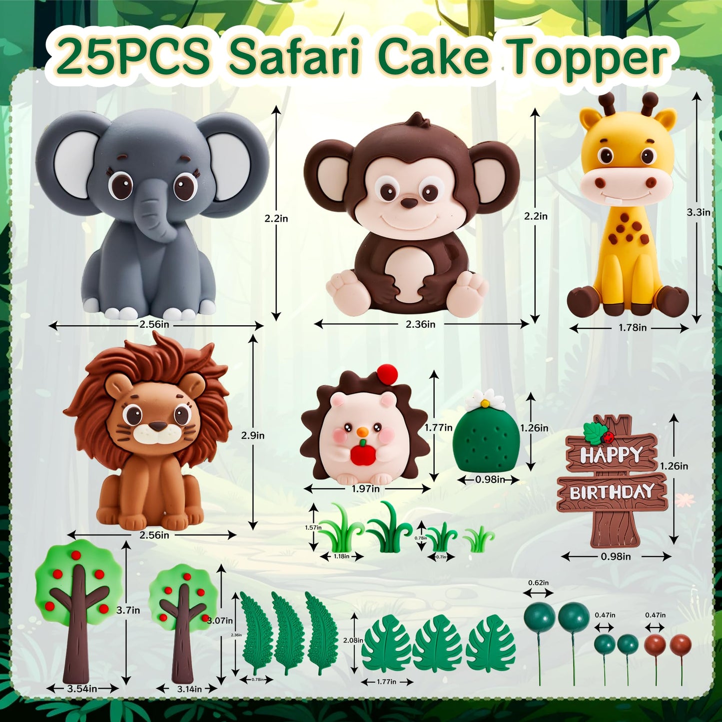 25PCS Jungle Safari Cake Toppers Set - 3D Zoo Animals Cake Toppers with Trees & Leaves, Wild One Birthday Decor for Jungle Theme Parties Supplies, Safari Cake Decorations