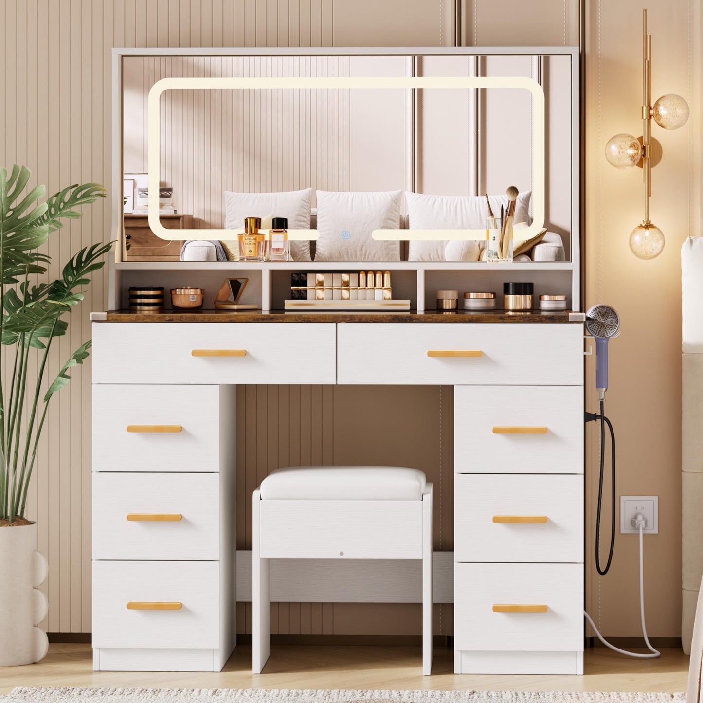 GAOMON Makeup Vanity Desk with Large Lighted Mirror, Vanity Desk with Glass Tabletop, 8 Drawers & 3 Storage Shelves, Vanity Set with Built-in Power Outlet for Bedroom & Dressing Area, White