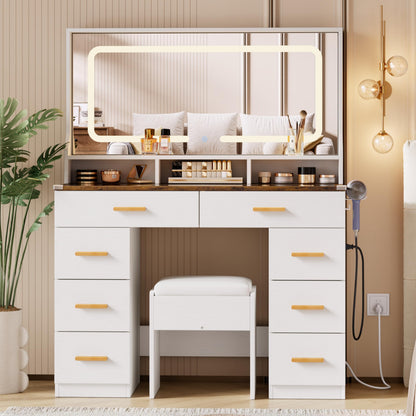 GAOMON Makeup Vanity Desk with Large Lighted Mirror, Vanity Desk with Glass Tabletop, 8 Drawers & 3 Storage Shelves, Vanity Set with Built-in Power Outlet for Bedroom & Dressing Area, White