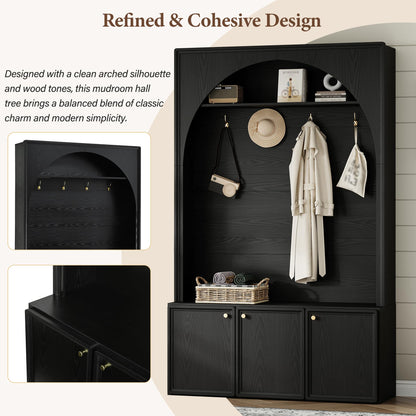Merax Farmhouse Hall Tree with Bench and 3 Cabinets, 4-in-1 Entryway Coat Rack with 4 Golden Hooks and Top Compartments, 77.5" Retro Arched Entryway Hall Tree for Hallway, Mudroom, Entrance, Black