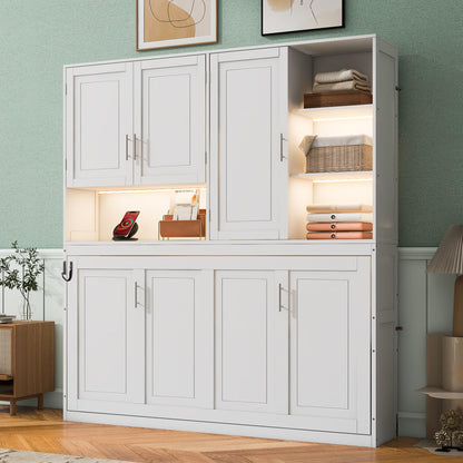 DNYN Twin Size Murphy Bed with Top Cabinets and LED for Bedroom/Guest/Study Room, Foldable Wall Bed Frame with USB and Storage Shelves, Space-Saving & No Box Spring Needed