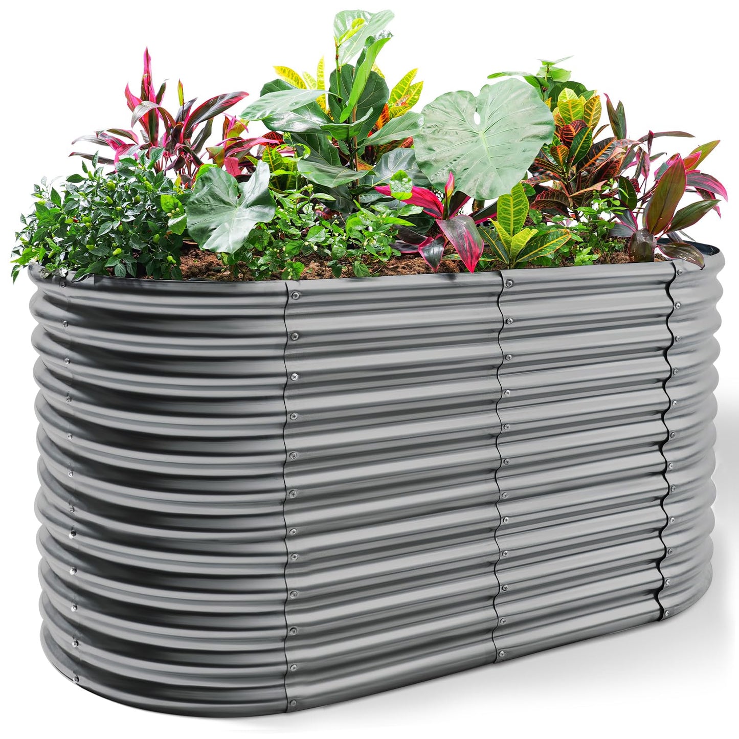 Land Guard 8x4x3ft Oval Galvanized Raised Garden Beds, Large-Capacity Metal Planter Box Outdoor, Durable Deep Raised Garden Bed 3ft Tall, Raised Beds for Gardening Vegetables, Modern Gray