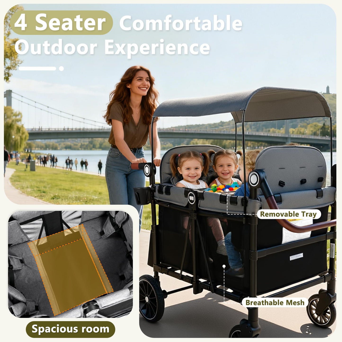 Kinder King Wagon Stroller for 4 Kids, All-Terrain Foldable Outdoor Stroller Wagon 4 Seater, Removable Canopy, Adjustable Handle, Detachable Tray, Black&Grey