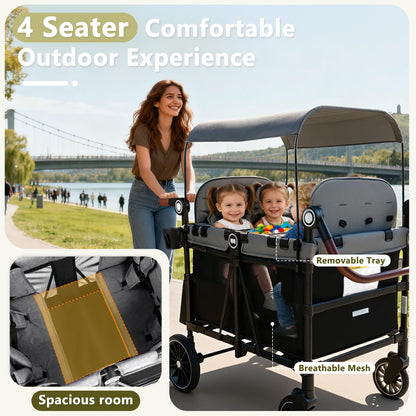 Kinder King Wagon Stroller for 4 Kids, All-Terrain Foldable Outdoor Stroller Wagon 4 Seater, Removable Canopy, Adjustable Handle, Detachable Tray, Black&Grey