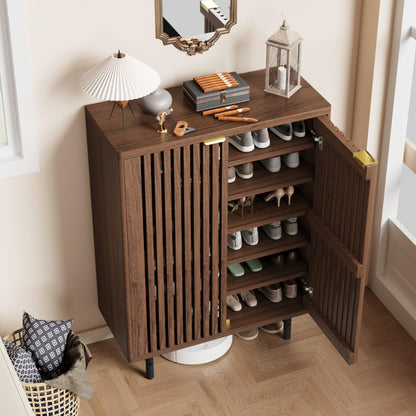 MilleLoom 6-Tier Shoe Cabinet with Doors, Wooden Shoe Storage Cabinet Organizer, Louvered Doors, Freestanding Narrow Entryway & Hallway Shoe Rack, Holds 24 Pairs, Dark Walnut