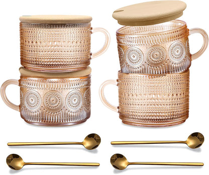 14 Oz Set 4 Amber Vintage Glass Coffee Mugs gifts for women, of Embossed Glassware Tea Cups for Breakfast, Cappuccino