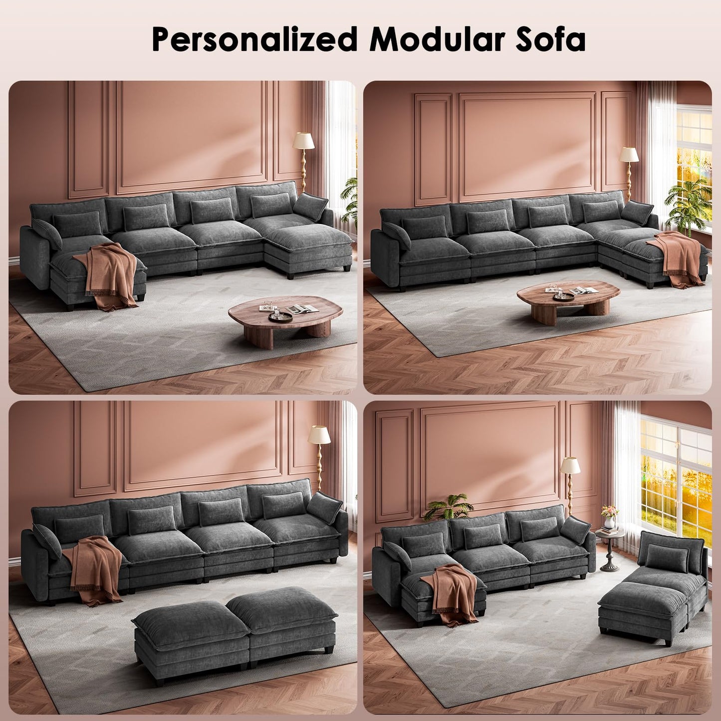 Marsail Modular Sectional Sofa 145.6" U-Shaped Modern Comfy Cloud Couch, 6-Seat Chenille Deep Seat Sofa with Throw Pillow & Movable Ottoman for Living Room, Bedroom and Apartment, Grey