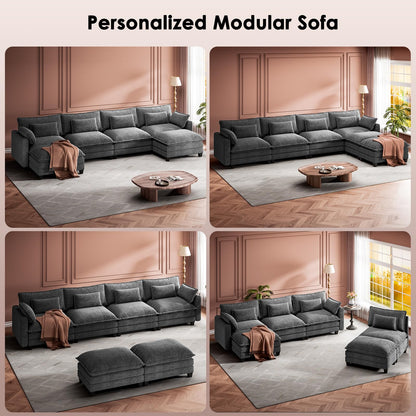 Marsail Modular Sectional Sofa 145.6" U-Shaped Modern Comfy Cloud Couch, 6-Seat Chenille Deep Seat Sofa with Throw Pillow & Movable Ottoman for Living Room, Bedroom and Apartment, Grey
