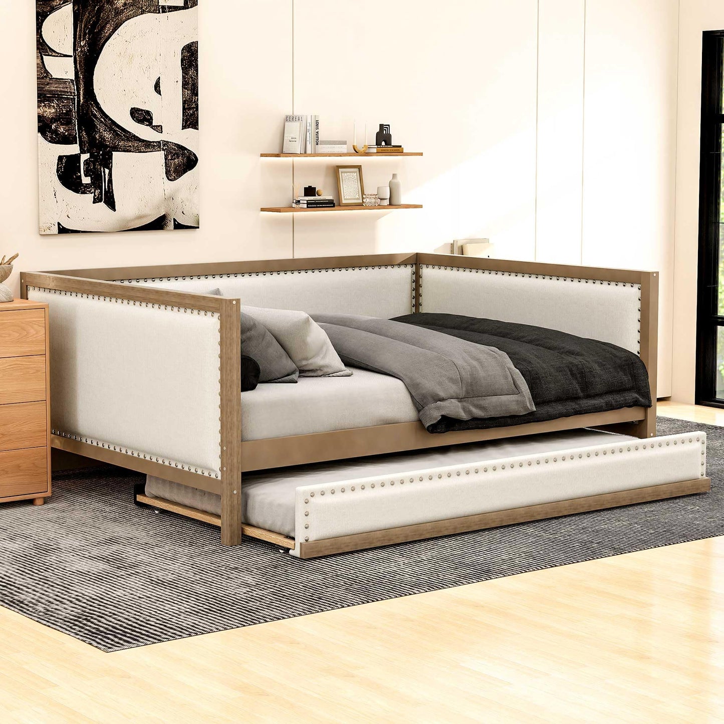 GDFStudio Full Size Upholstered Daybed with Trundle, Linen Sofa Bed with Nailhead Trim, Wood Frame Slat Support, No Box Spring Needed, Space Saving Guest Bed for Bedroom Living Room