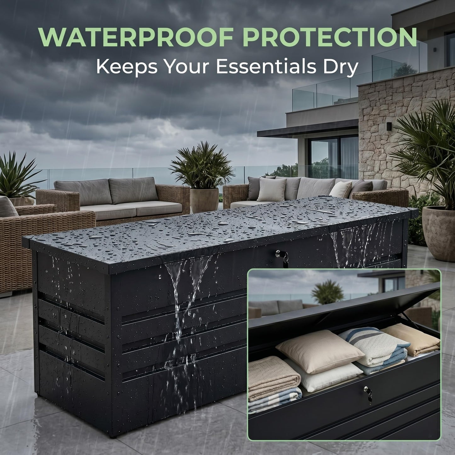 Zolyndo 260 Gallon Waterproof Metal Deck Box, Extra Large Outdoor Storage Box with Hydraulic Lid for Outside Patio, Cushions, Garden Tools, Pool Supplies (Black)